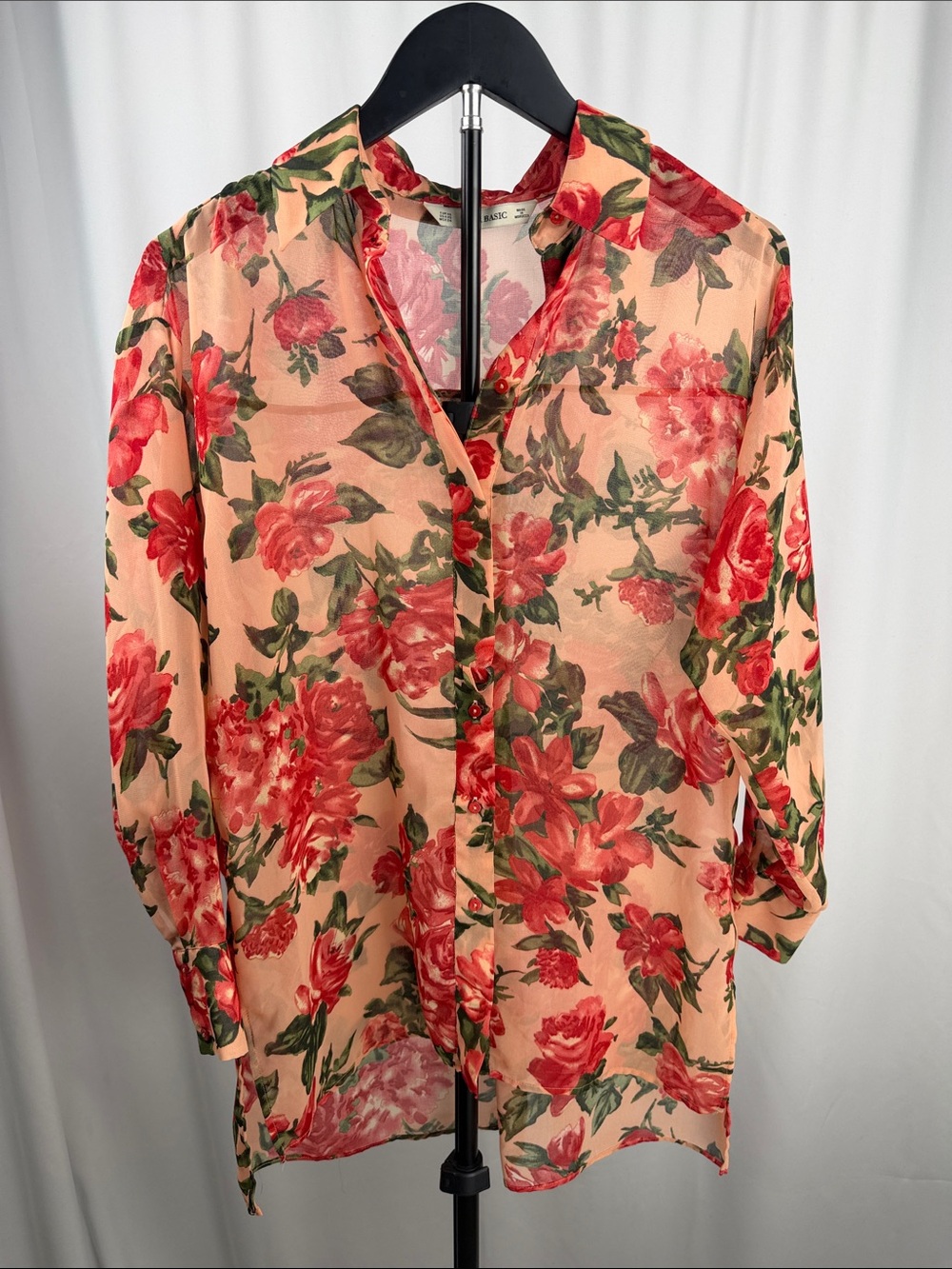 Zara Basic Floral Sheer Button Down Blouse Tunic XS